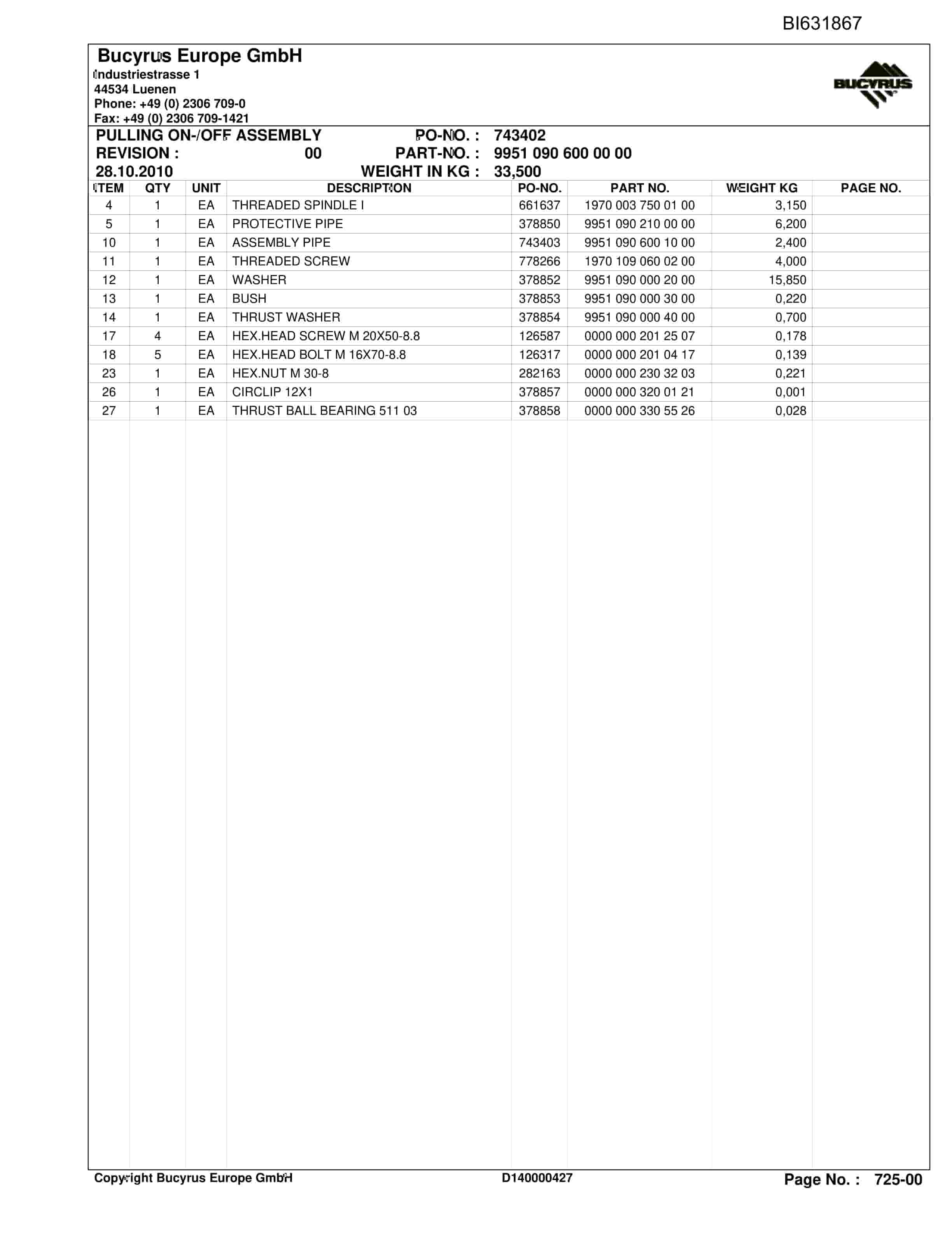 Caterpillar SHENHUA13, BSL PF 6-1742 Parts Manual BI631867-4