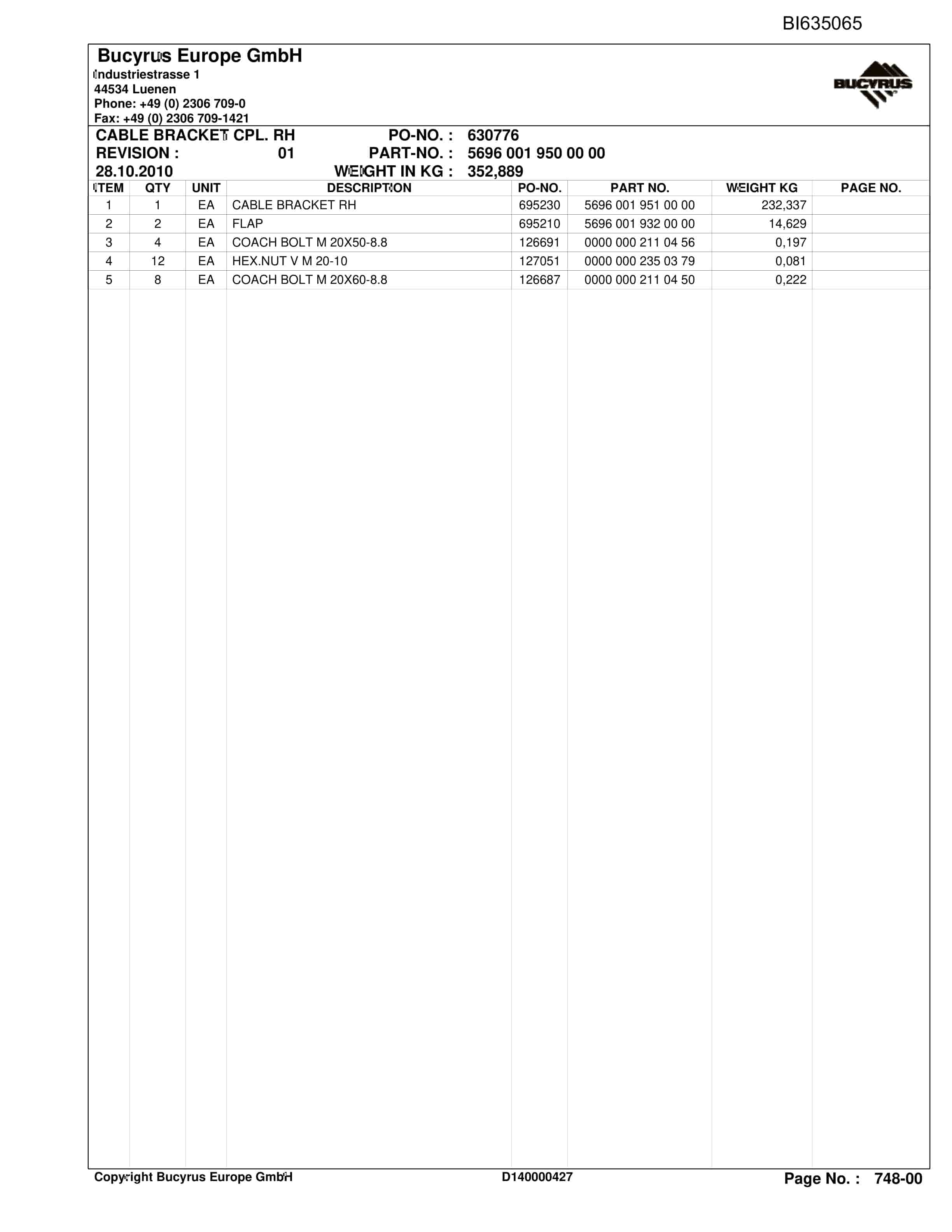 Caterpillar SHENHUA13, BSL PF 6-1742 Parts Manual BI635065-5