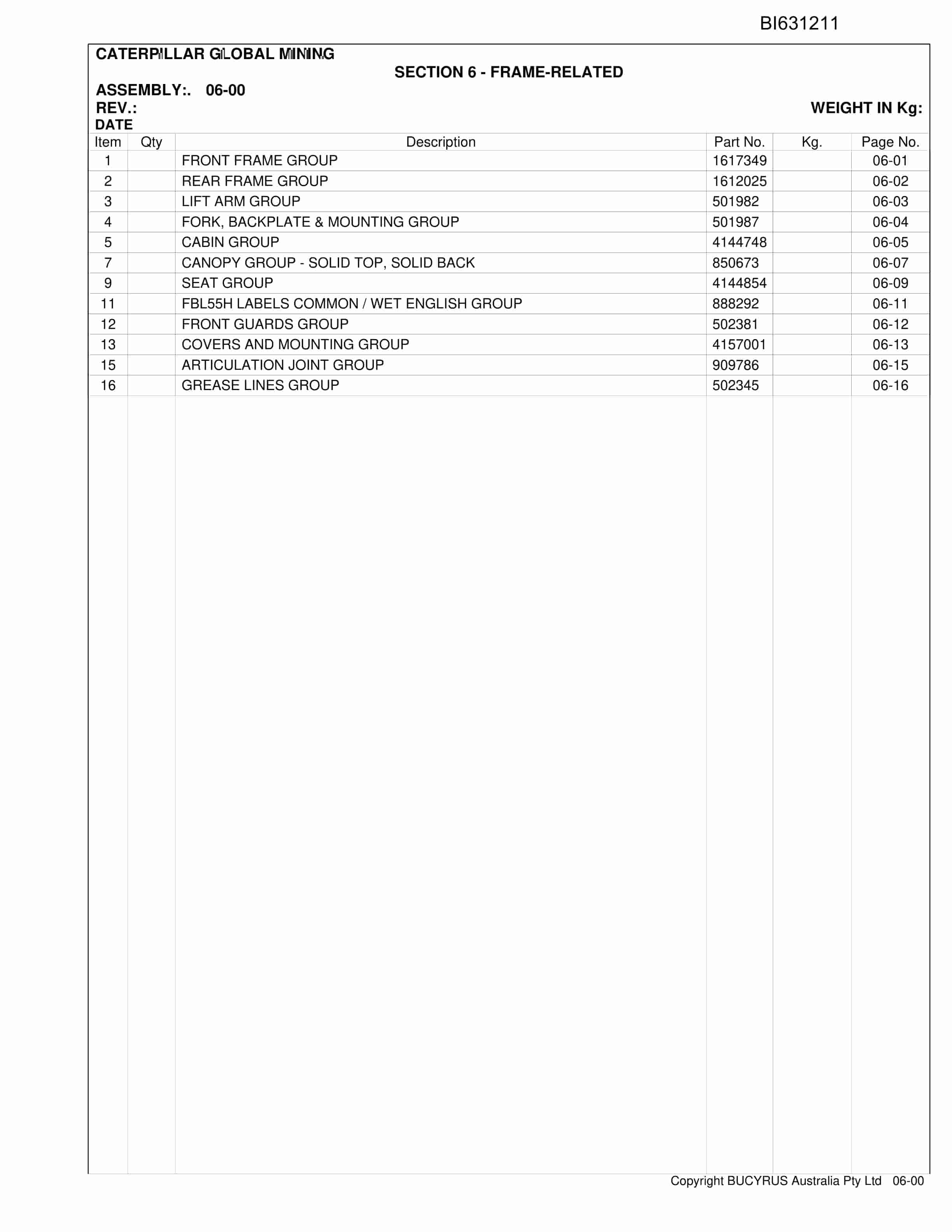 Caterpillar Ulan West SH660 HD Roof Support Carrier Parts Manual BI631211-3