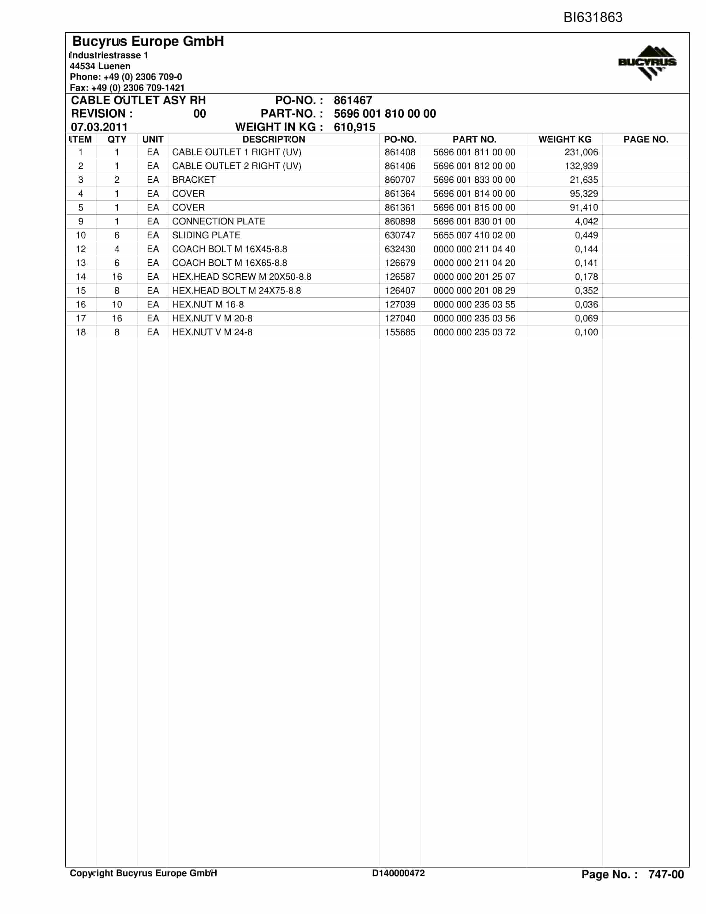 Caterpillar XIEGOU II, BSL PF 6-1542 Parts Manual BI631863-5